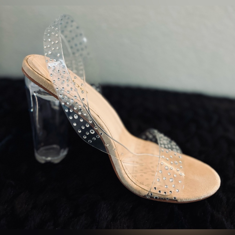 Bebe Clear and Nude Cross Strapped Heels